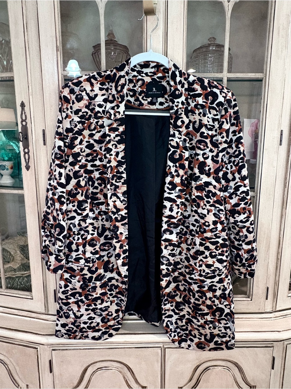 Leopard Print Longline Blazer Jacket in Brown, Black, and Cream